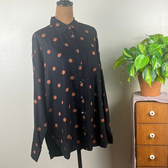 Loft Black with Tan Polka Dots Long Sleeve Collared Blouse Oversized Small - Picture 1 of 10